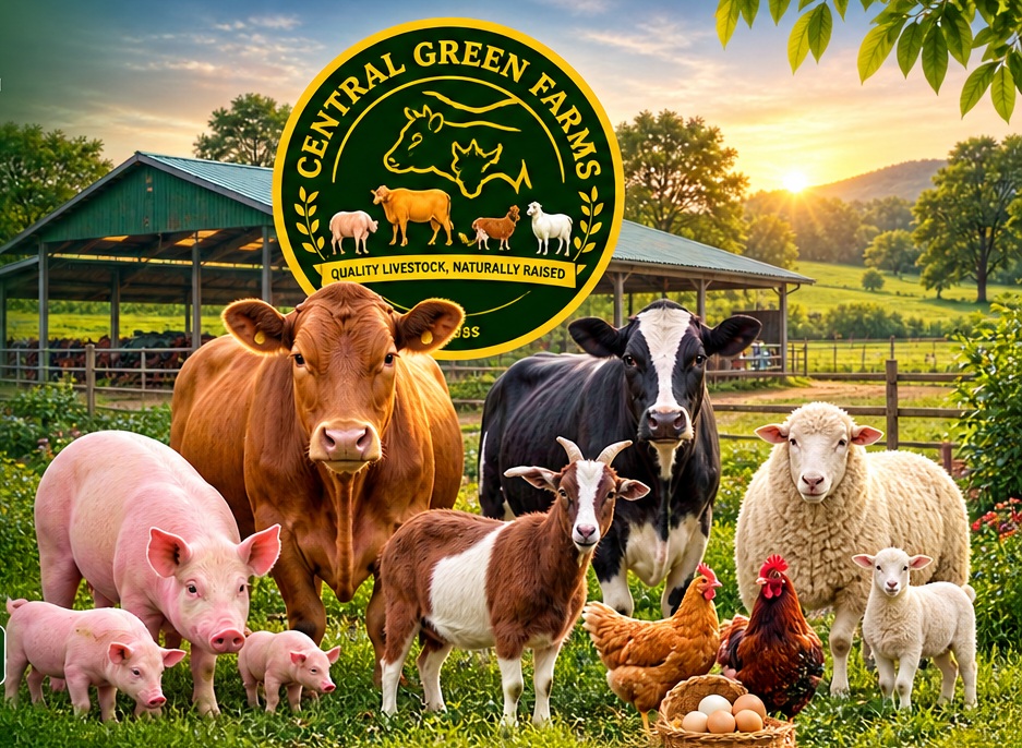 Central Green Farms livestock composition with farm background
